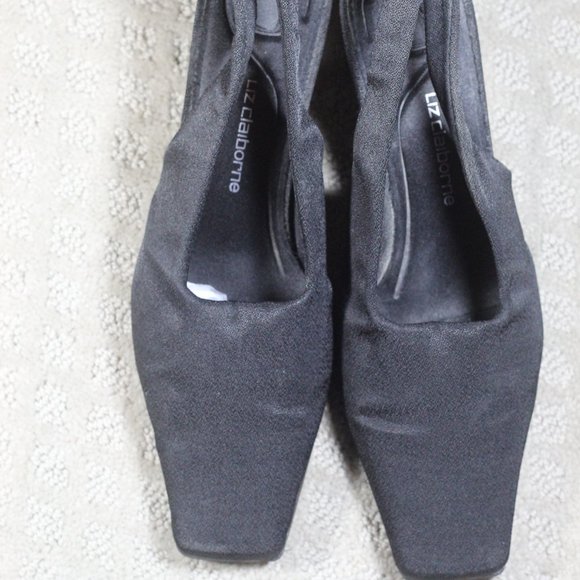 Liz Claiborne "Elegance" Sie 7.5 Black Fabric Slingback Square Toe Heels - Picture 2 of 7